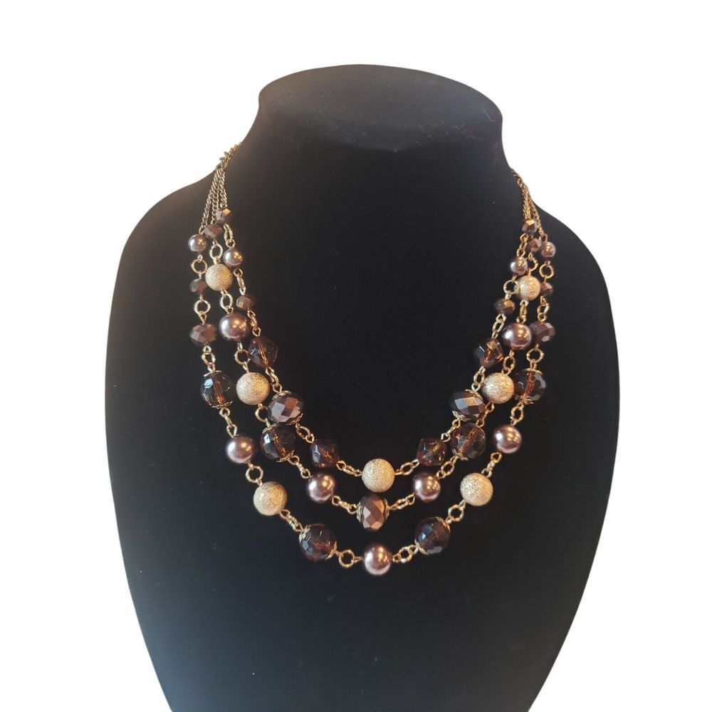 Multi-Strand‎ Brown Gold Bronze Beaded Necklace Stylish Staple Elegant Classy